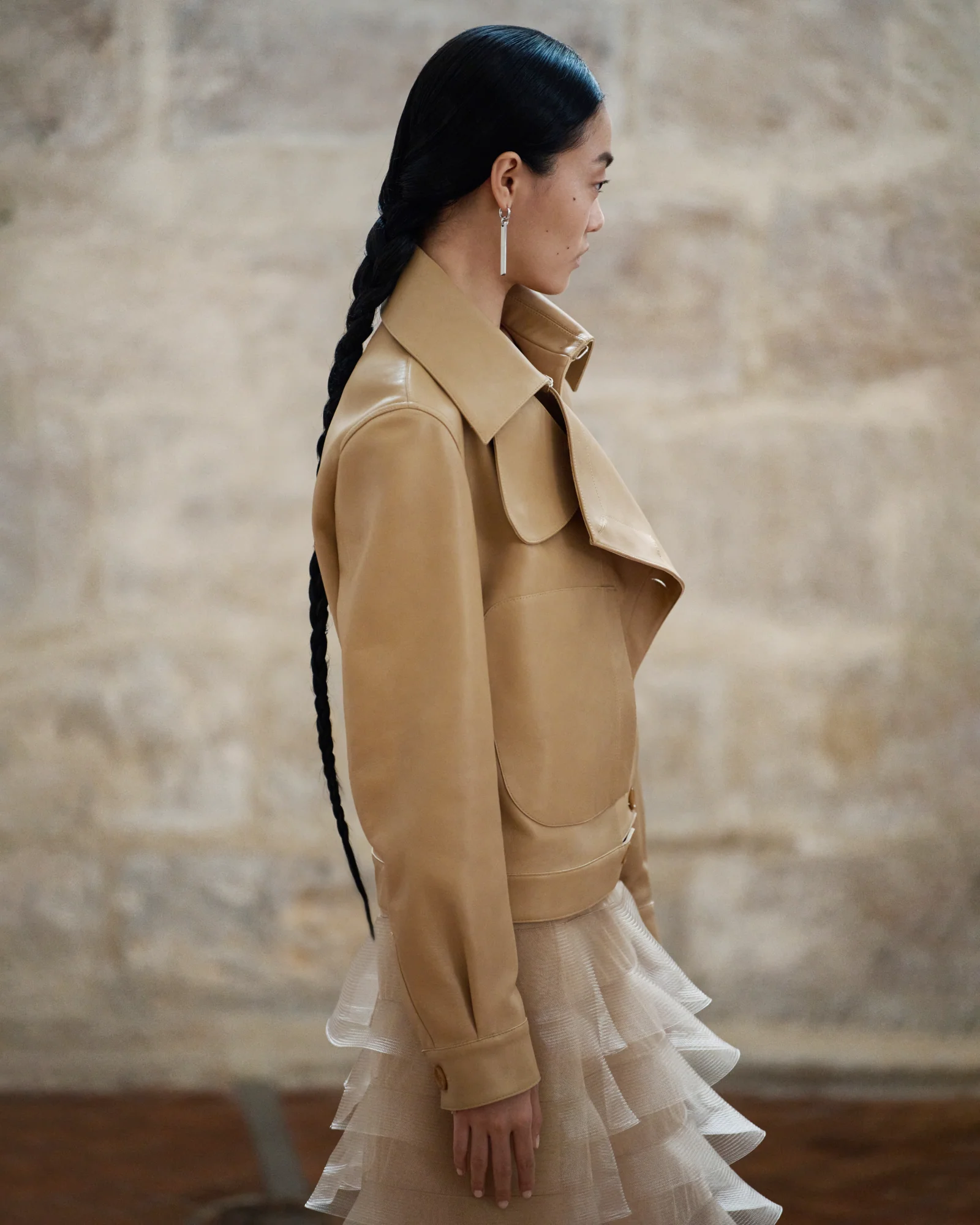 Asymmetrical Trench Leather Jacket - Image 2