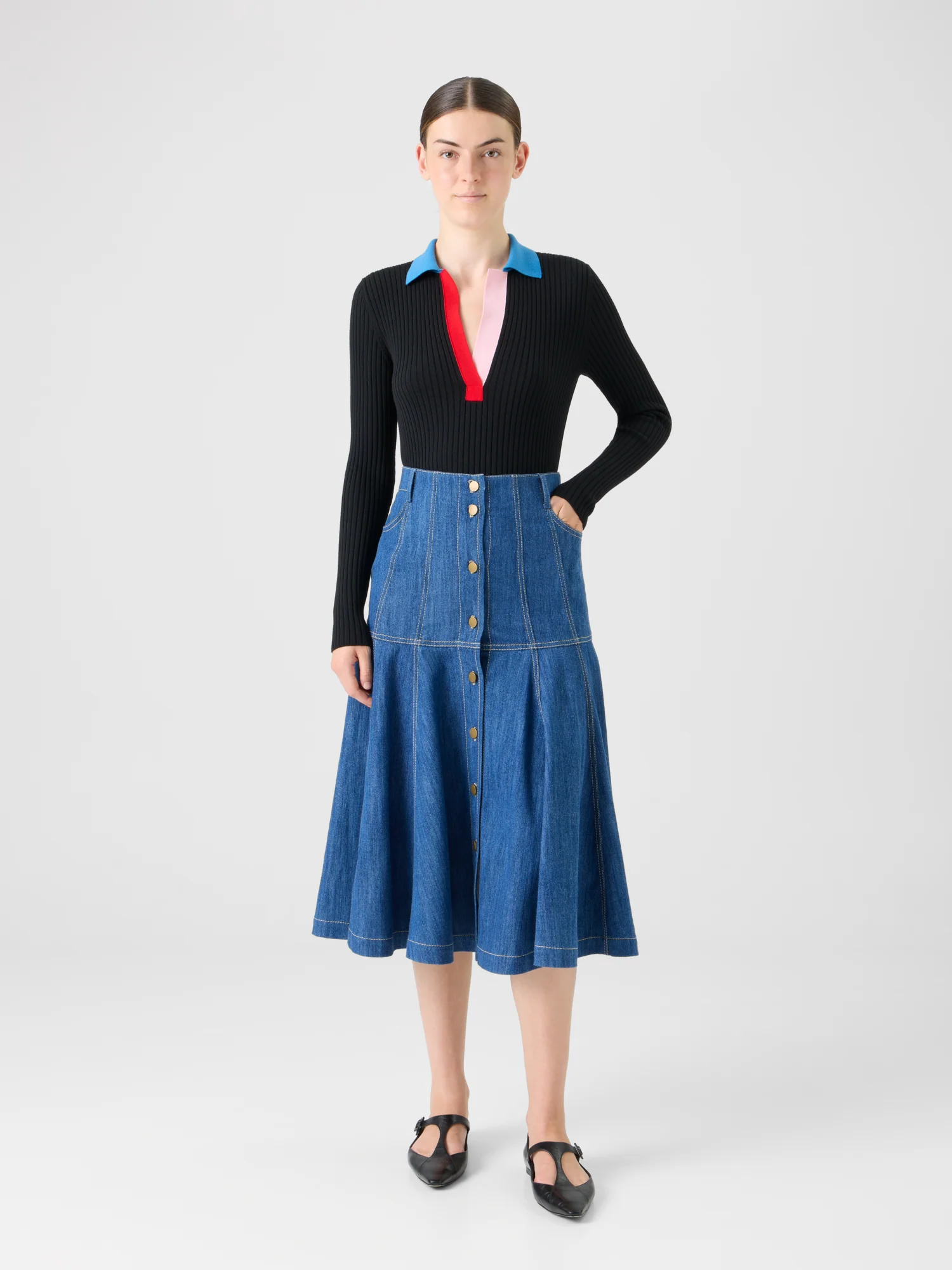 Cotton Denim Midi Skirt with Flared Hem - Image 2