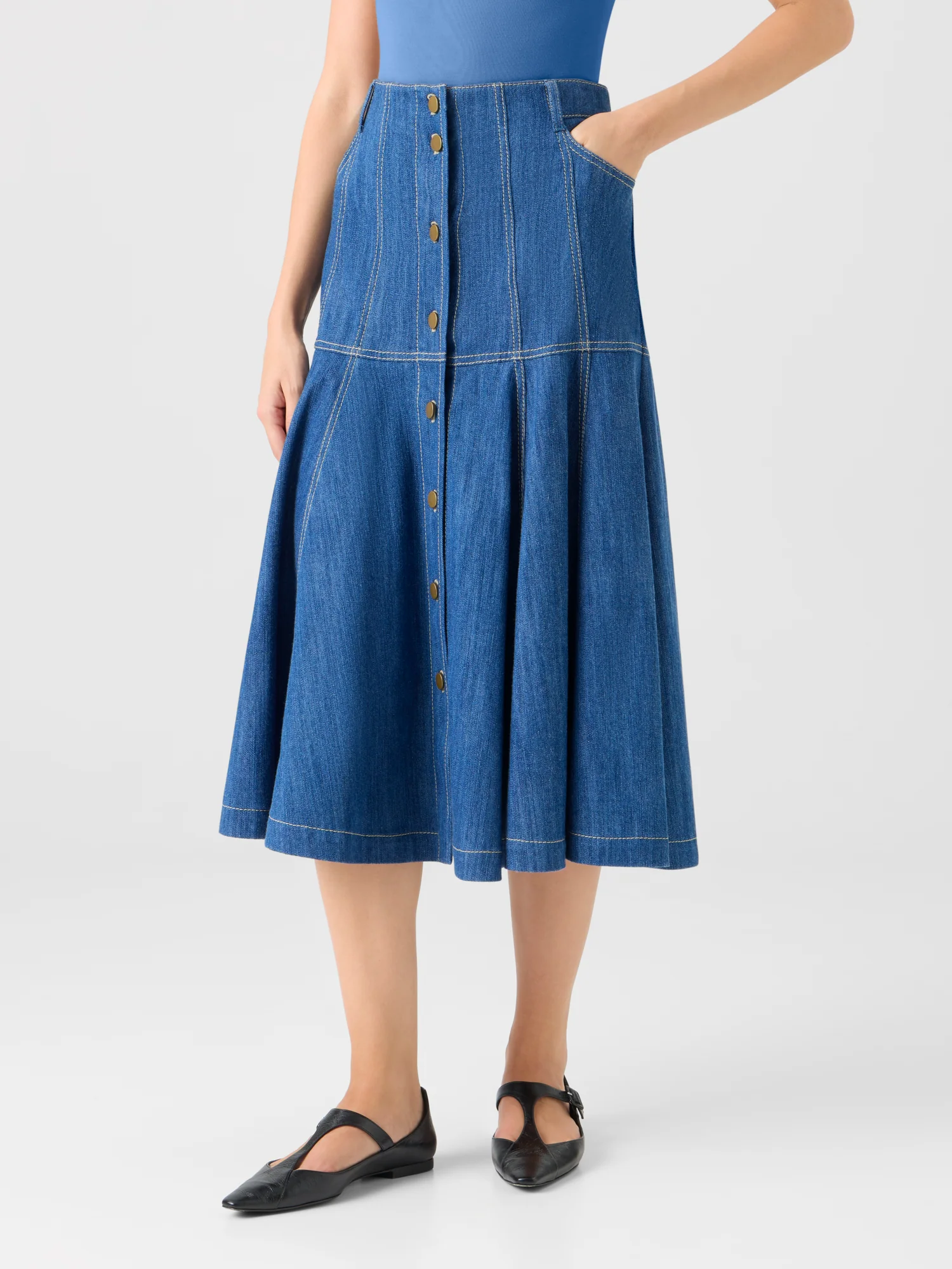 Cotton Denim Midi Skirt with Flared Hem - Image 4
