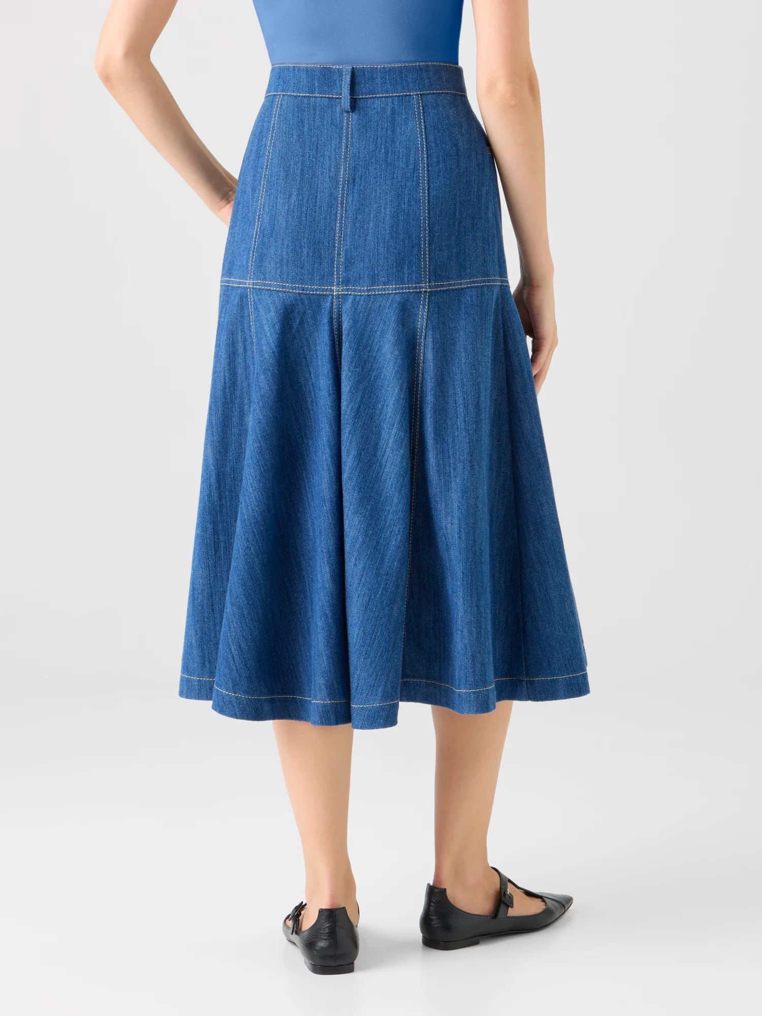 Cotton Denim Midi Skirt with Flared Hem - Image 5