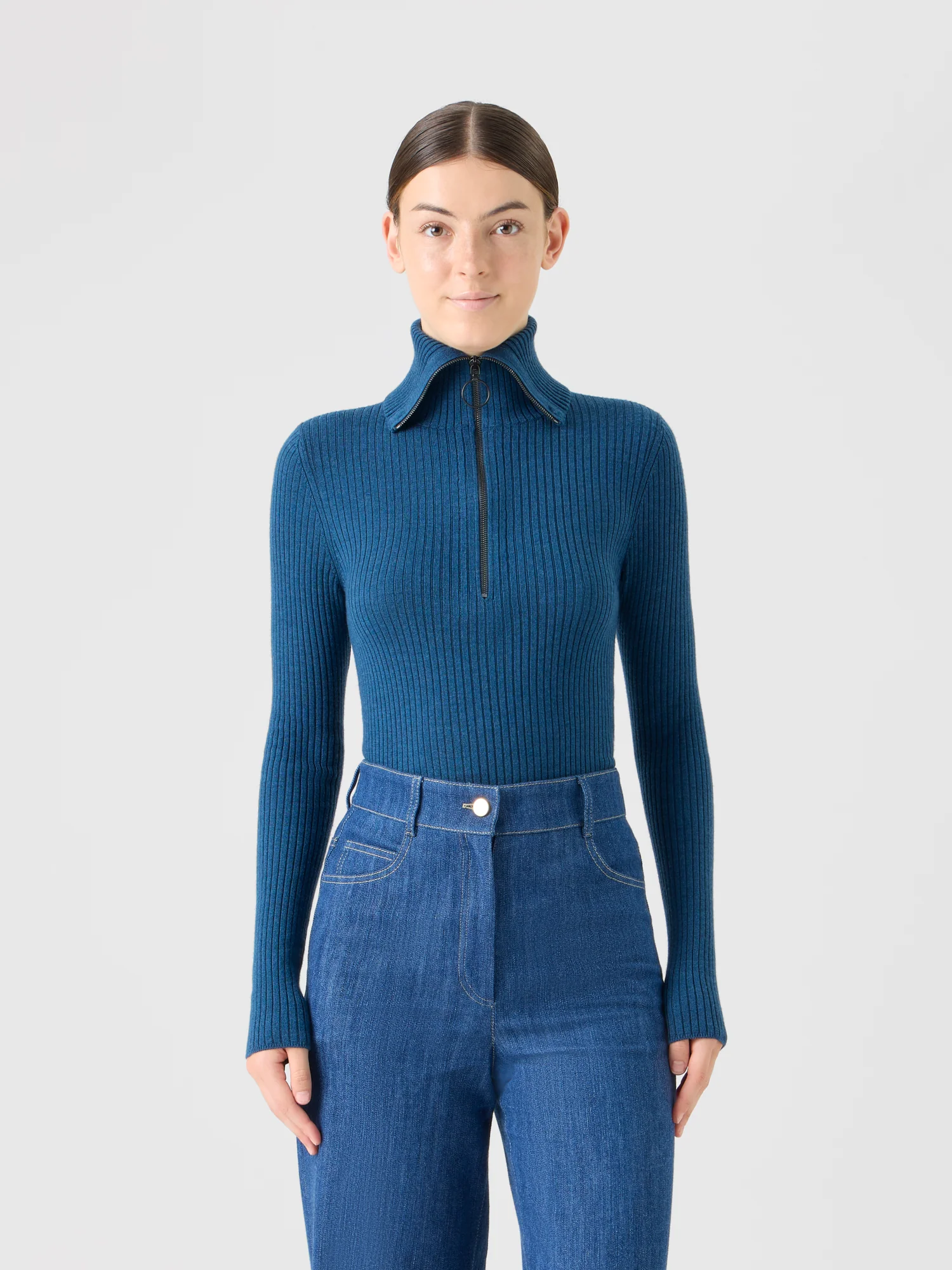 Sailor Collar Merino Wool Rib Half-Zip Sweater - Image 2