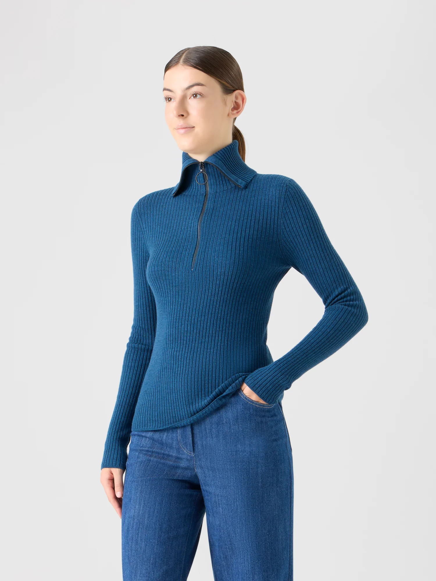 Sailor Collar Merino Wool Rib Half-Zip Sweater - Image 4