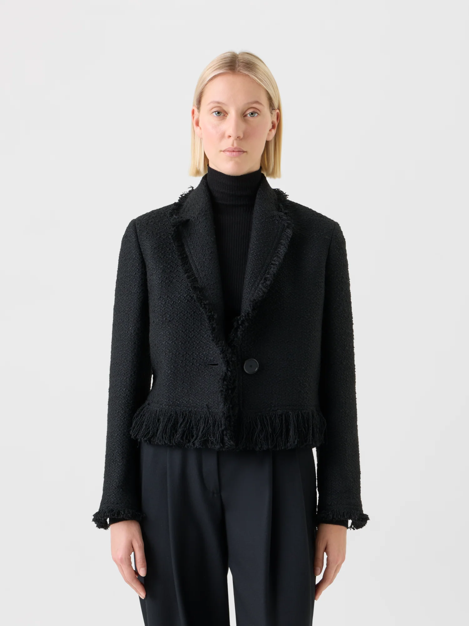 Cropped Bouclé Tweed Jacket with Fringe Hem - Image 2