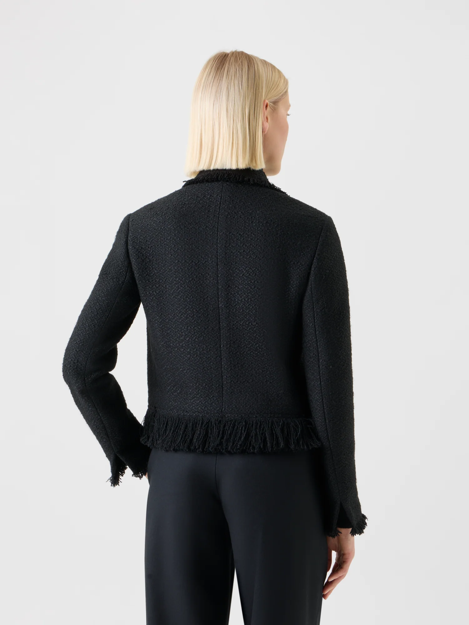 Cropped Bouclé Tweed Jacket with Fringe Hem - Image 4