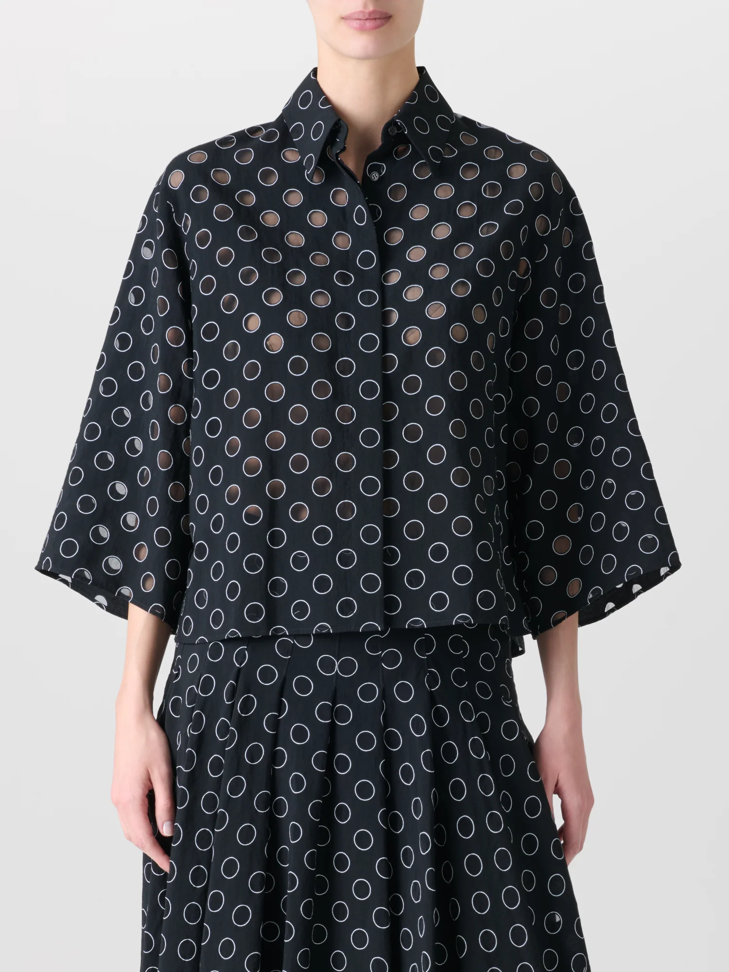 Cropped Shirt Blouse with Sheer Polka Dots - Image 2