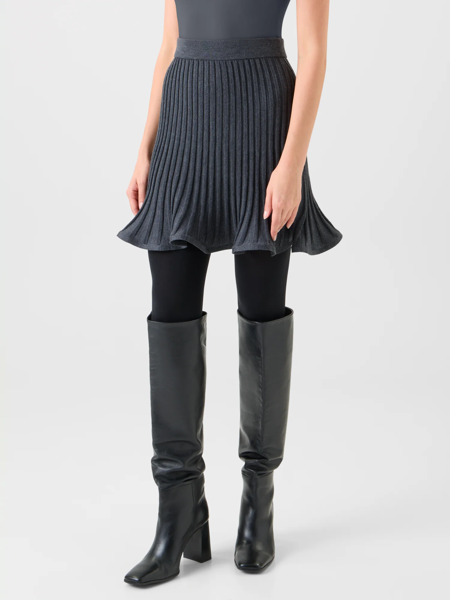 Flared Merino Wool Rib Knit Mini Skirt - Image 3