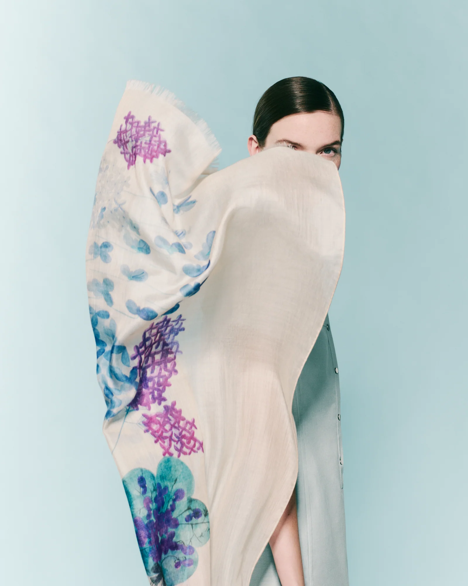 Cashmere Scarf with Denim Blossom Print - Image 2
