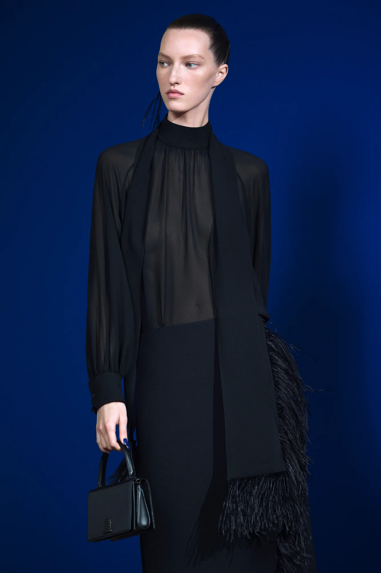 Sheer Silk Tie Neck Blouse with Feather Trim - Image 2