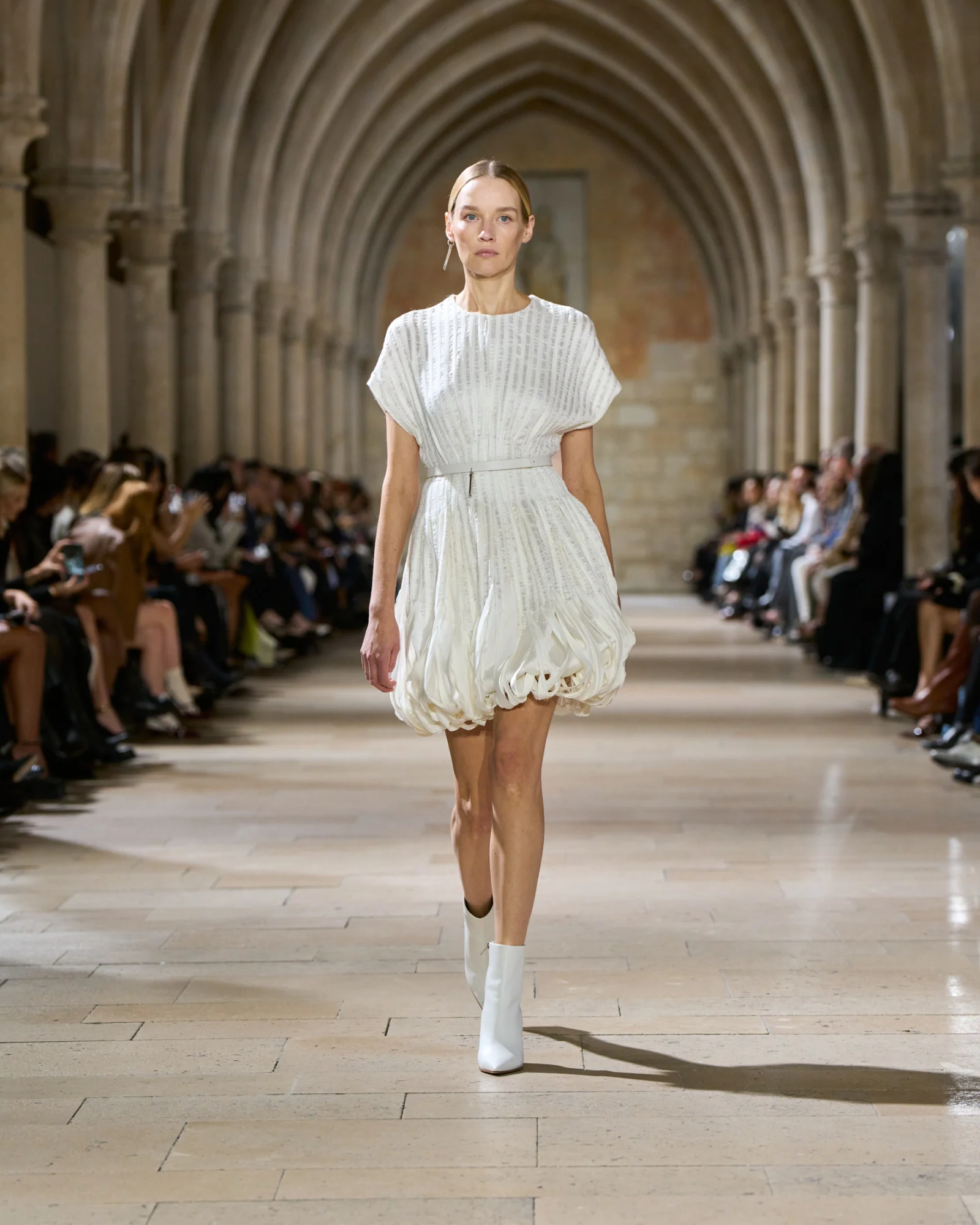 Short Flared Silk Dress with Ribbon Loops Skirt - Image 2