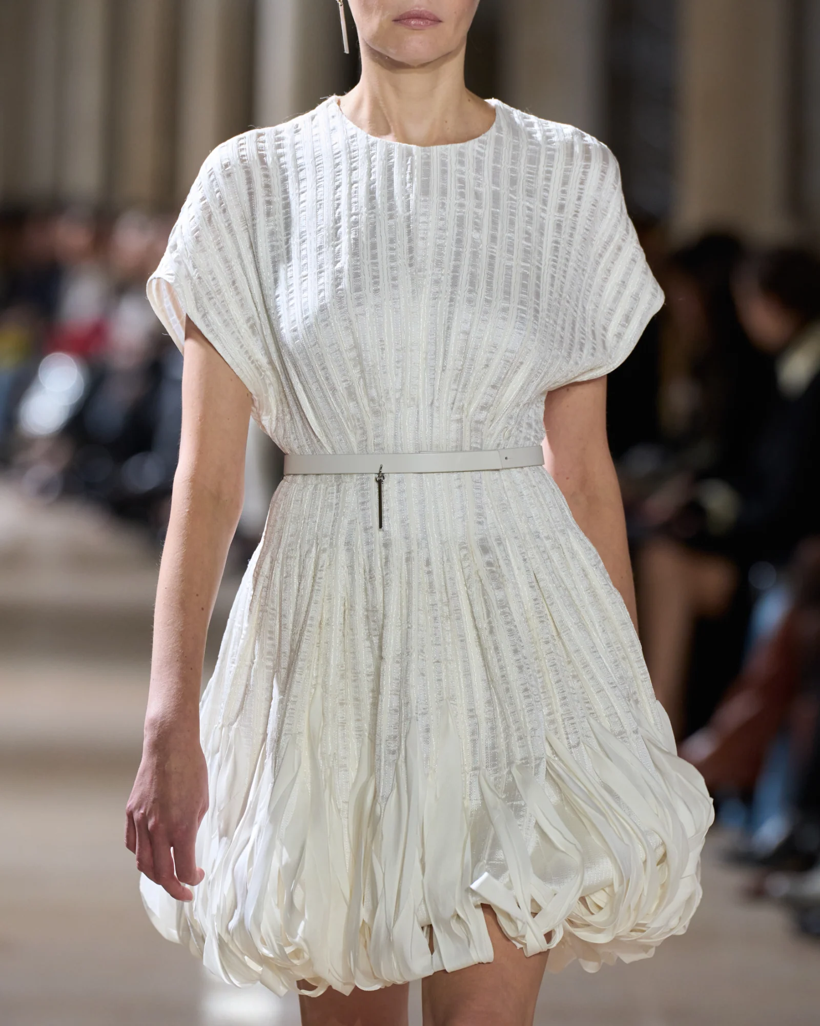 Short Flared Silk Dress with Ribbon Loops Skirt - Image 5