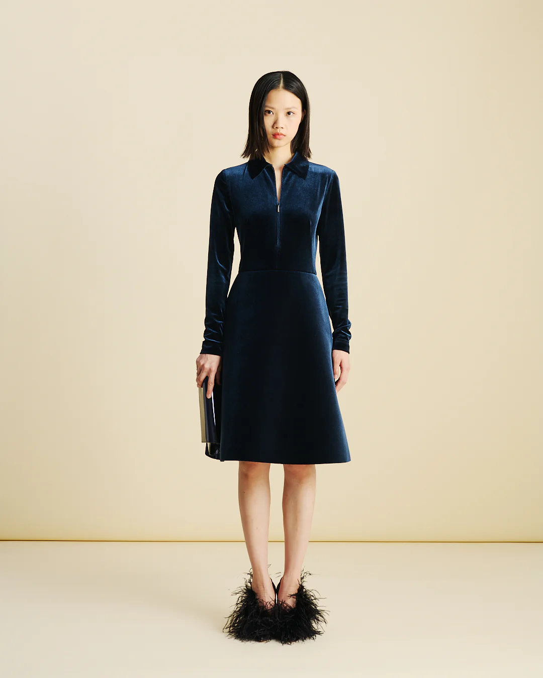 Short Velvet Neoprene A-Line Shirt Dress - Image 2