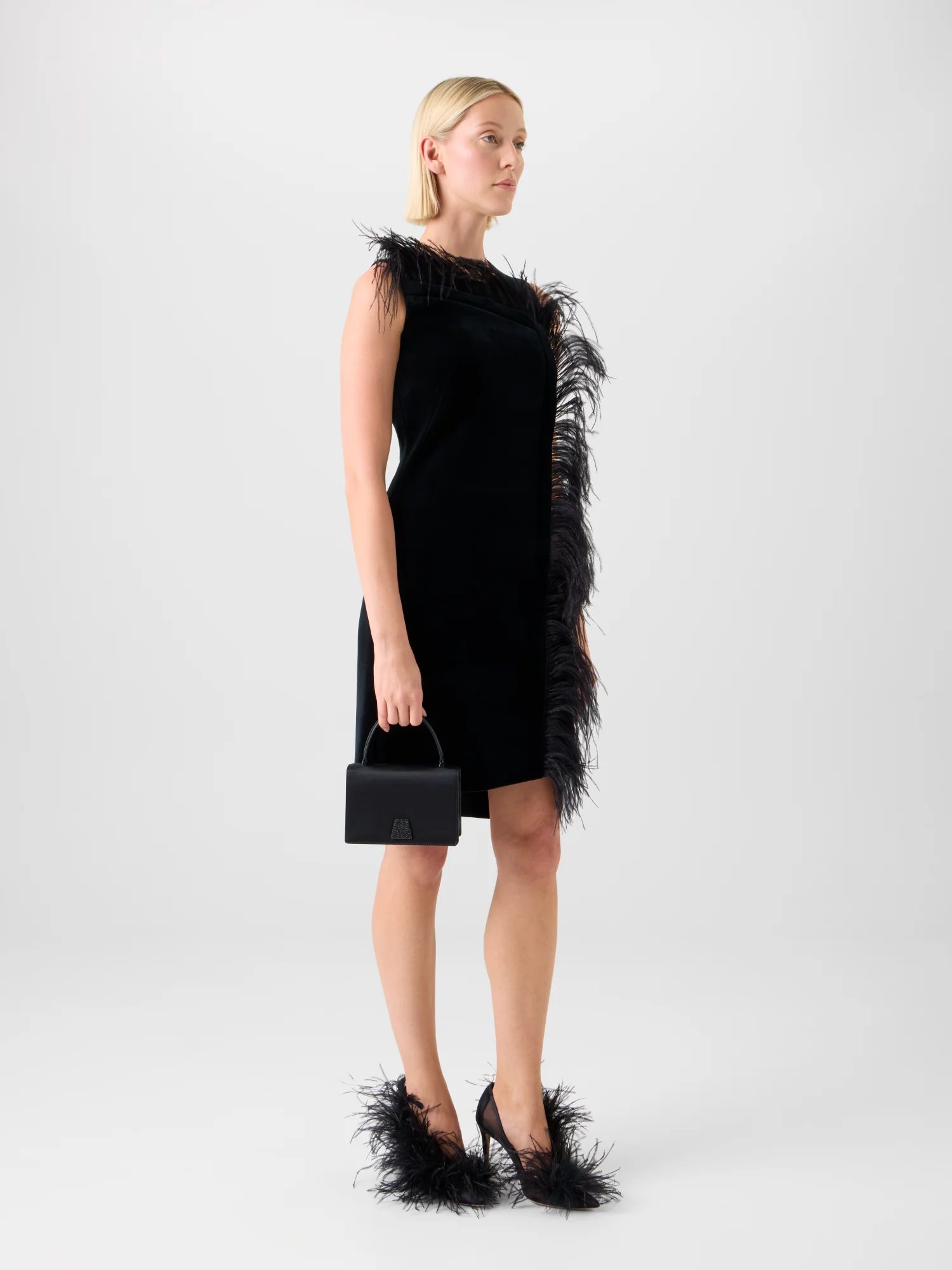 Short Velvet Neoprene Dress with Feather Trim - Image 4