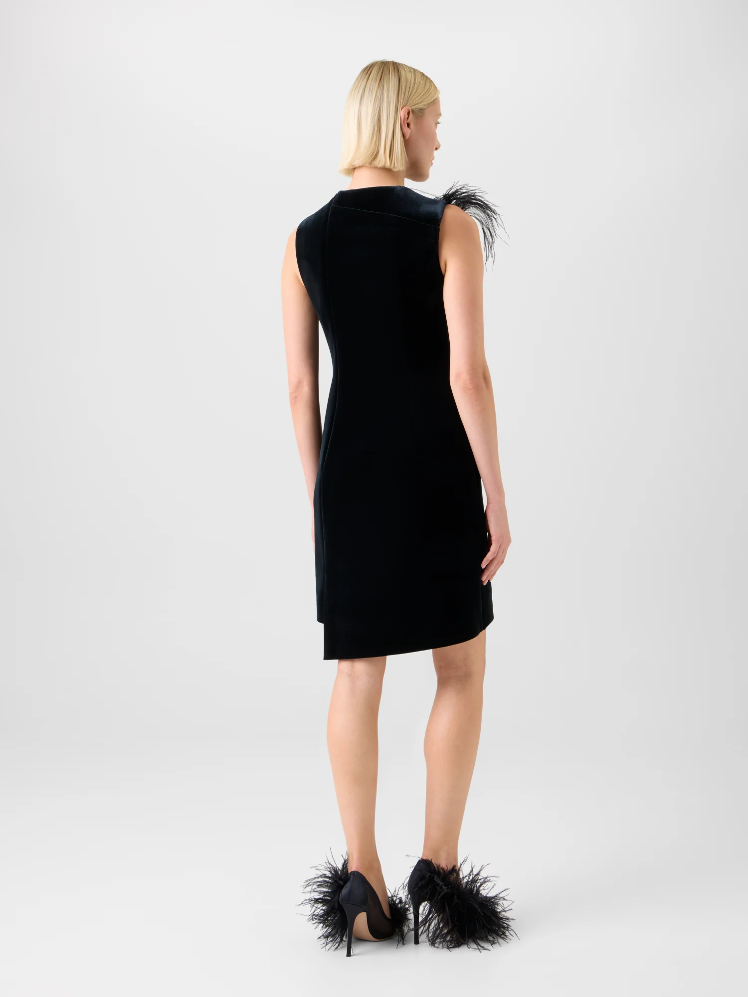 Short Velvet Neoprene Dress with Feather Trim - Image 5