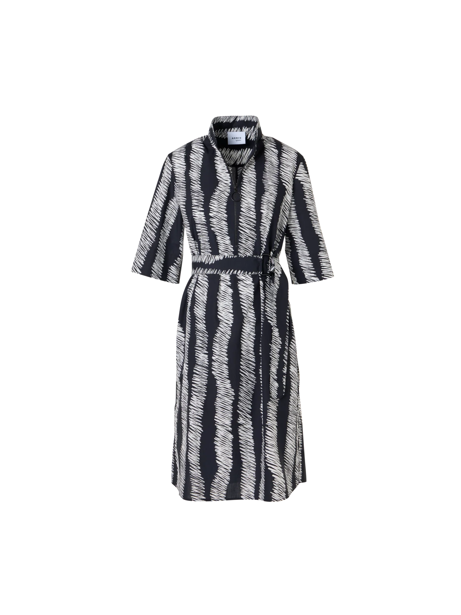 Belted Scribble Wave Print Cotton Shirt Dress
